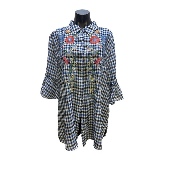 Johnny Was Blue & White Gingham Button-Up Tunic w/Floral Embroidery - Picture 1 of 7